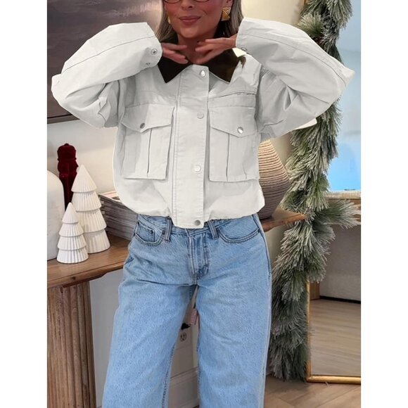 Women Cream Cropped Utility Cargo Coat Contrast Collar Barn Outwear - Picture 6 of 6